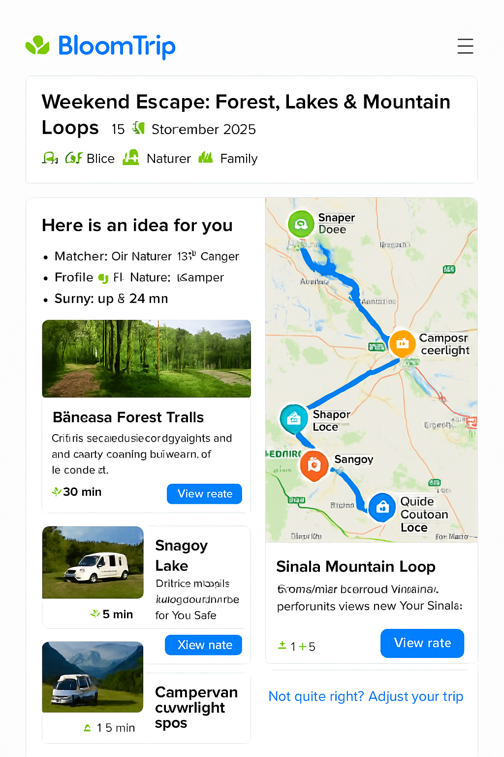Itinerary detail with embedded map and custom icons