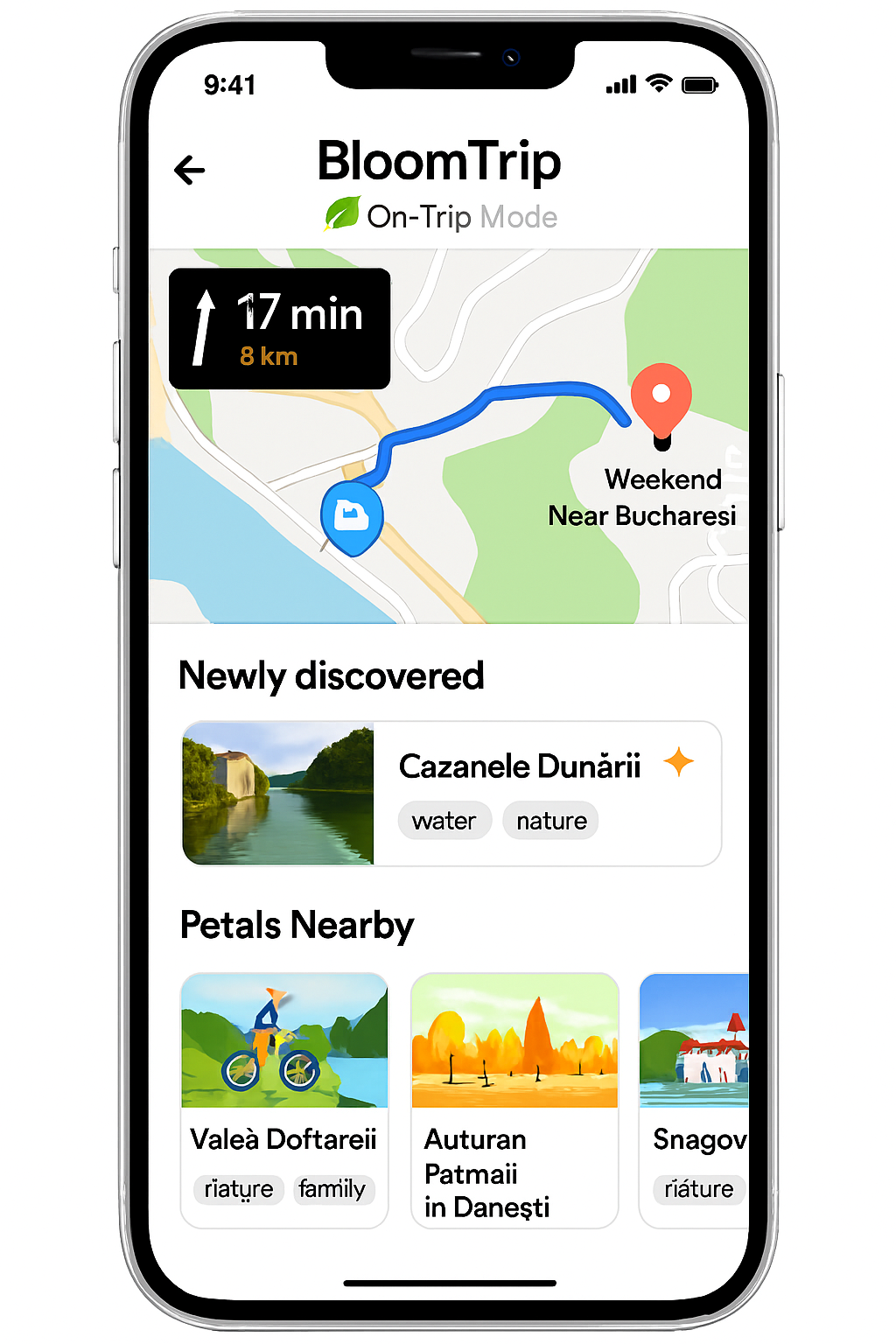 Mobile on-trip mode screen showing live map, up-next petal card, nearby suggestions carousel, quick action bar, and newly discovered banner
