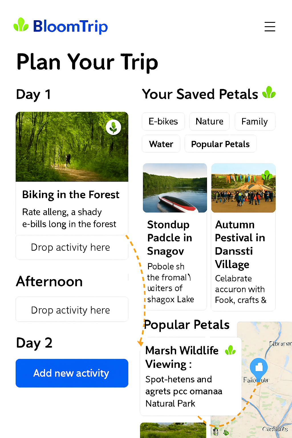Drag & drop of a saved Petal onto a day segment with immediate route + segment update