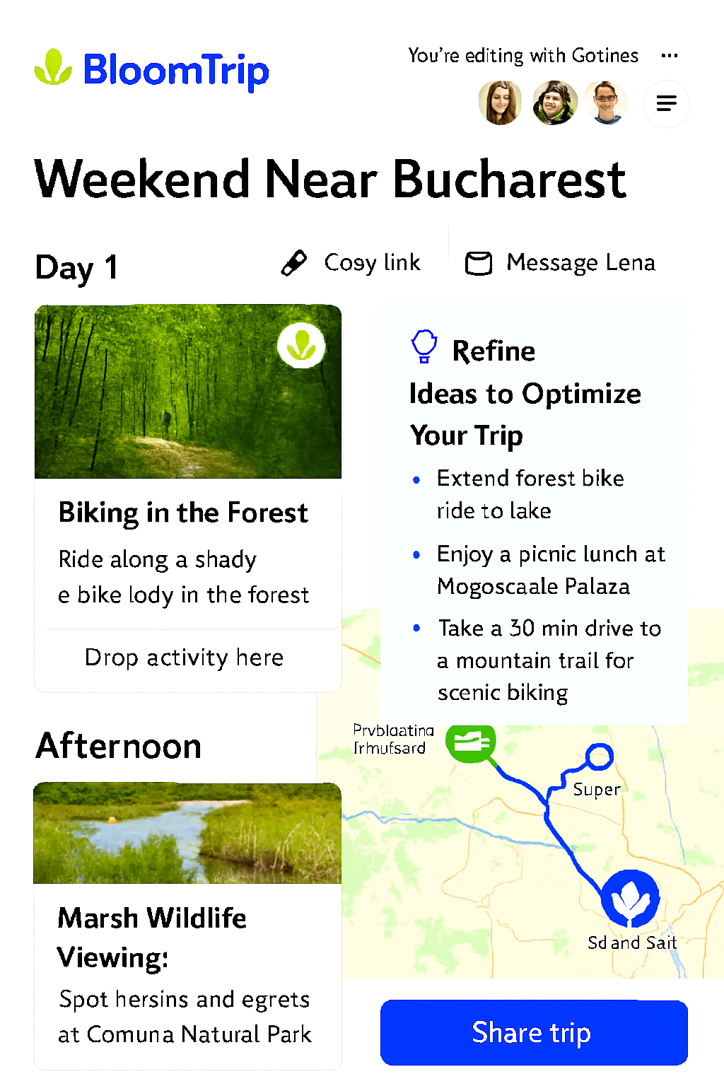 Trip in progress overview with day cards, live map, petals rails, and save action