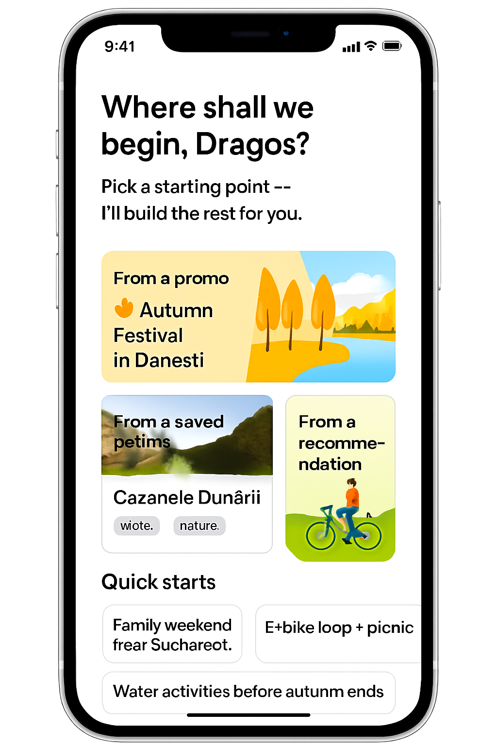 Mobile trip builder start screen showing hero prompt, three entry tiles (Promo, Saved, Recommendation) and quick start bar