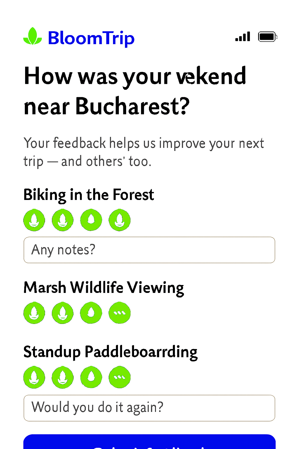 Post-trip feedback survey mobile screen with trip rating, petal activity ratings, discovery prompt, and final actions