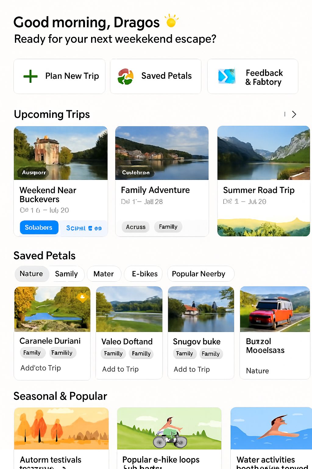 Desktop user dashboard showing greeting, quick action tiles, upcoming trips carousel, saved petals grid, seasonal suggestions, feedback metrics