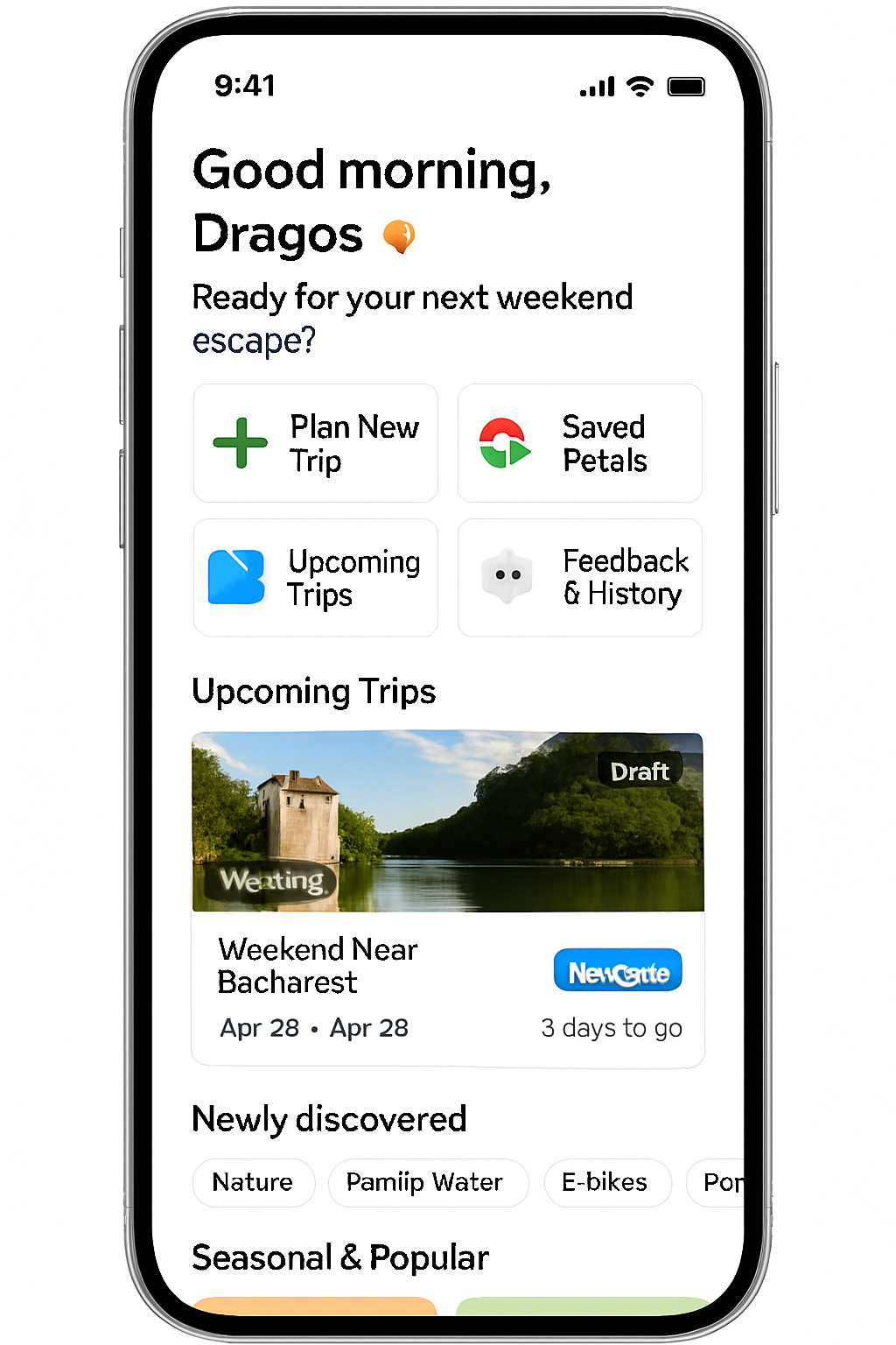 Mobile user dashboard with stacked greeting, quick actions row, single upcoming trip card, swipeable saved petals, seasonal carousel, feedback summary